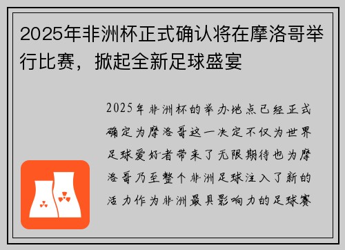 2025年非洲杯正式确认将在摩洛哥举行比赛,掀起全新足球盛宴 2025年非洲杯正式确认将在摩洛哥举行比赛,掀起全新足球盛宴