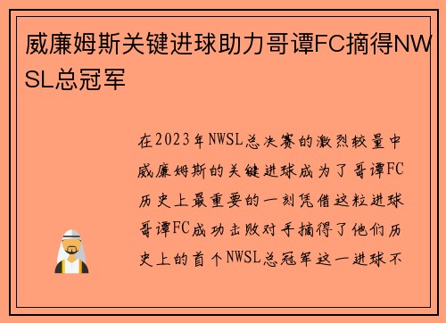 威廉姆斯关键进球助力哥谭FC摘得NWSL总冠军 威廉姆斯关键进球助力哥谭FC摘得NWSL总冠军