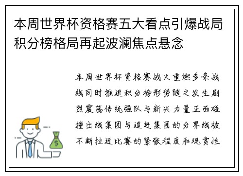 本周世界杯资格赛五大看点引爆战局积分榜格局再起波澜焦点悬念